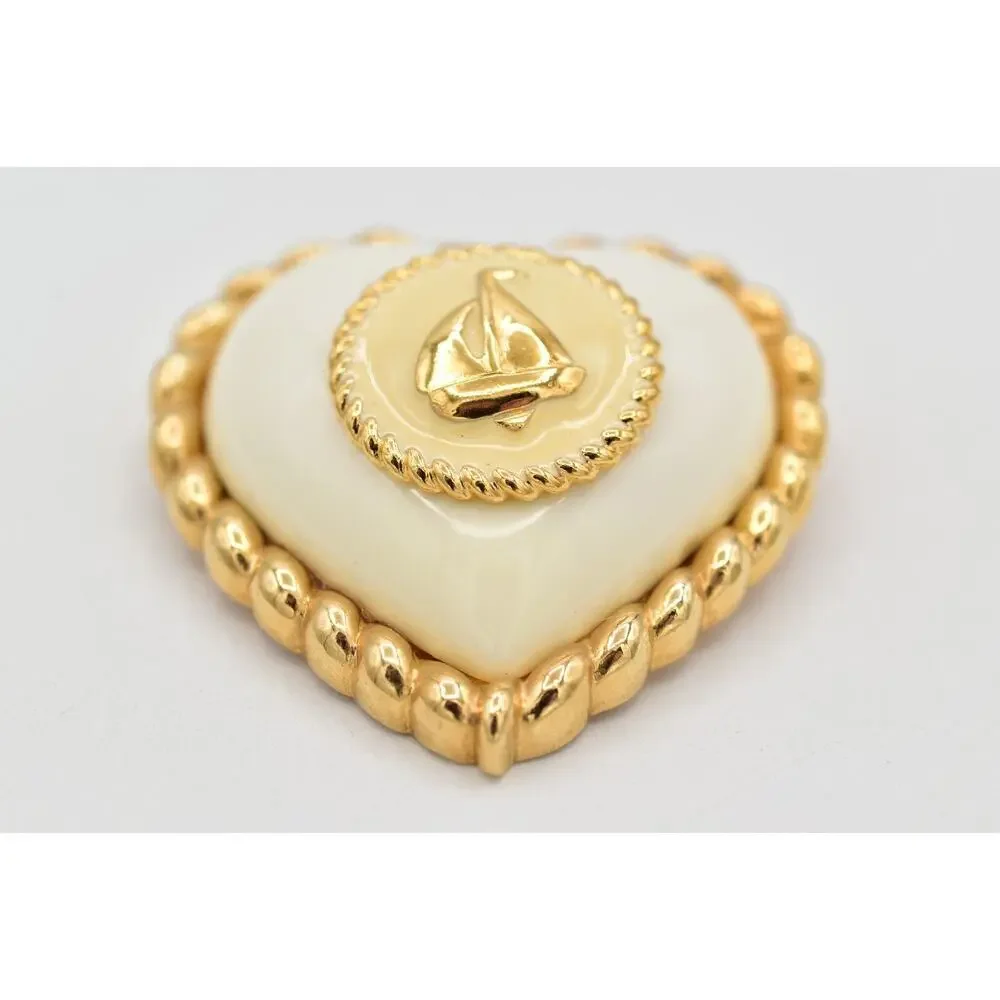 Vintage Heart Sail Boat Nautical Pin Brooch Chunky Heavy White Gold 1990s BinAL